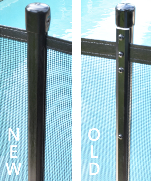 Side by side comparison of old style pool fence post and the new I-beam pool fence post.