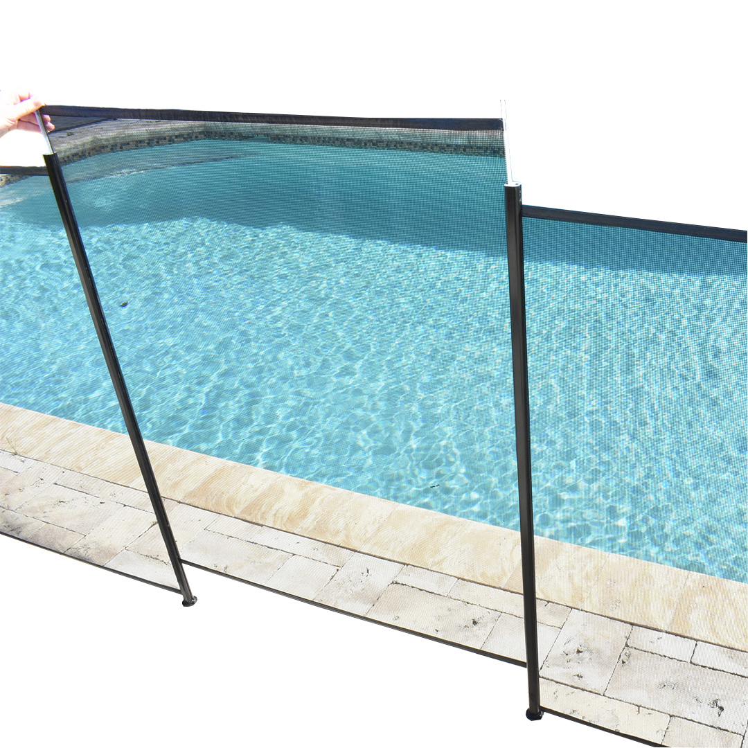 Modular pool fence panel slide up tp show functionality.